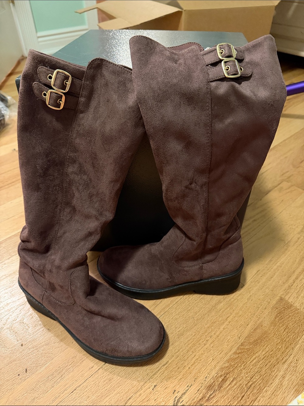 Bzees Brown Suede Over-the-Knee Boots with Double Buckle Detail